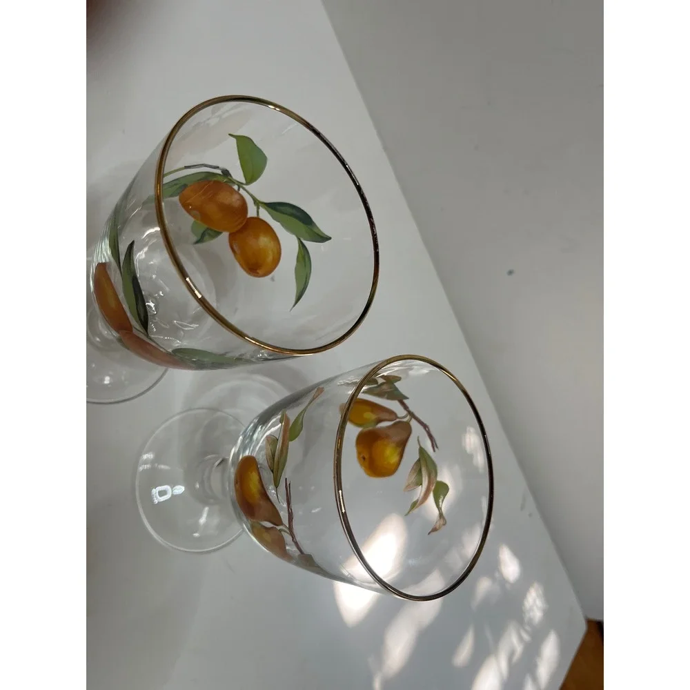 Vintage Royal Worcester Hand Painted Fruit Water Goblets Gold Rim Orange Pear